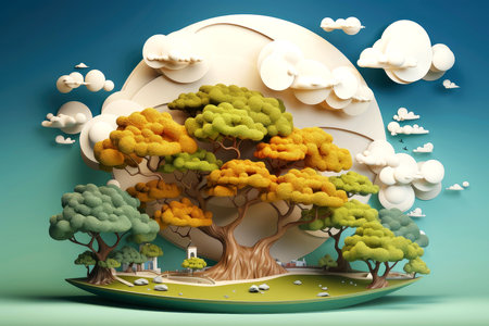 Ecosystem restoration, environment day concept tree background. Recycle icon paper cut banner with forest. Ecology project concept, Generative AI illustrationの素材