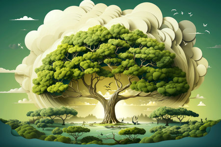 Ecosystem restoration, environment day concept tree background. Recycle icon paper cut banner with forest. Ecology project concept, Generative AI illustrationの素材