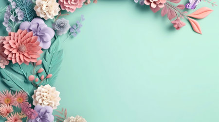 Floral border frame card template. multicolor flowers, leaves, for banner, wedding card. Springtime composition with copy-space, Generative AI illustrationの素材