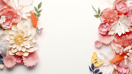 Floral border frame card template. multicolor flowers, leaves, for banner, wedding card. Springtime composition with copy-space, Generative AI illustrationの素材