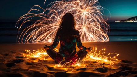 Women meditate, yoga. Psychic women considers mind and heart. Spirituality, esotericism, with bokeh defocused lights. universe, Generative AI illustrationの素材