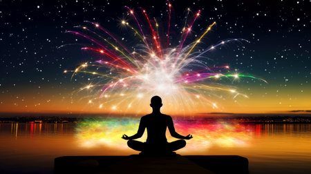 Women meditate, yoga. Psychic women considers mind and heart. Spirituality, esotericism, with bokeh defocused lights. universe, Generative AI illustrationの素材