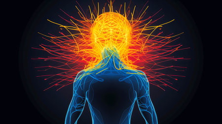 Energy of Thought. Human head emitting abstract fractal structure to illustrate working of human mind, Generative AI illustrationの素材