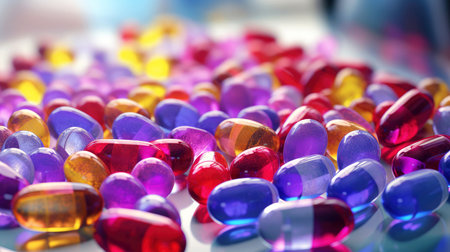 Vitamin capsules. Cod liver oil omega 3 gel capsules. Vitamins, dietary supplements, drugs, Pharmacy, medicine and health concept. capsule pharmacy pill drug concept, Generative AI illustrationの素材