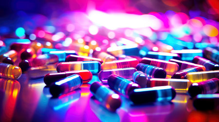 Vitamin capsules. Cod liver oil omega 3 gel capsules. Vitamins, dietary supplements, drugs, Pharmacy, medicine and health concept. capsule pharmacy pill drug concept, Generative AI illustrationの素材