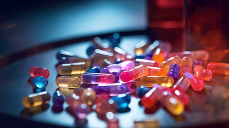 Vitamin capsules. Cod liver oil omega 3 gel capsules. Vitamins, dietary supplements, drugs, Pharmacy, medicine and health concept. capsule pharmacy pill drug concept, Generative AI illustrationの素材