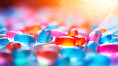 Vitamin capsules. Cod liver oil omega 3 gel capsules. Vitamins, dietary supplements, drugs, Pharmacy, medicine and health concept. capsule pharmacy pill drug concept, Generative AI illustrationの素材