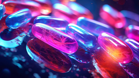 Vitamin capsules. Cod liver oil omega 3 gel capsules. Vitamins, dietary supplements, drugs, Pharmacy, medicine and health concept. capsule pharmacy pill drug concept, Generative AI illustrationの素材