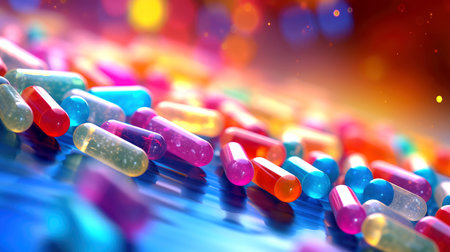 Vitamin capsules. Cod liver oil omega 3 gel capsules. Vitamins, dietary supplements, drugs, Pharmacy, medicine and health concept. capsule pharmacy pill drug concept, Generative AI illustrationの素材