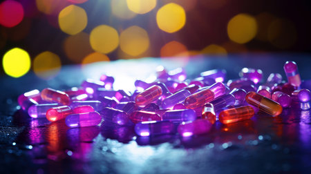 Vitamin capsules. Cod liver oil omega 3 gel capsules. Vitamins, dietary supplements, drugs, Pharmacy, medicine and health concept. capsule pharmacy pill drug concept, Generative AI illustrationの素材