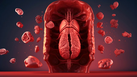 3D illustration of the human organ systems, Human internal organs. Anatomy. Nervous, circulatory, digestive, excretory, urinary,and bone systems. Medical education concept, Generative AI illustrationの素材