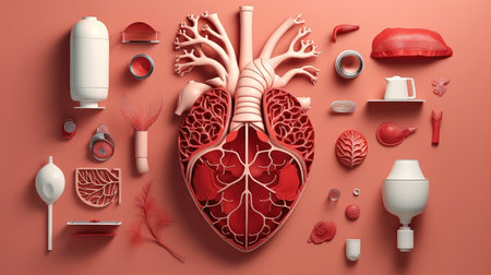 3D illustration of the human organ systems, Human internal organs. Anatomy. Nervous, circulatory, digestive, excretory, urinary,and bone systems. Medical education concept, Generative AI illustrationの素材