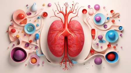 3D illustration of the human organ systems, Human internal organs. Anatomy. Nervous, circulatory, digestive, excretory, urinary,and bone systems. Medical education concept, Generative AI illustrationの素材