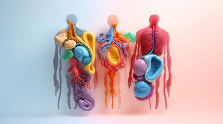 3D illustration of the human organ systems, Human internal organs. Anatomy. Nervous, circulatory, digestive, excretory, urinary,and bone systems. Medical education concept, Generative AI illustrationの素材