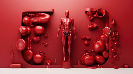 3D illustration of the human organ systems, Human internal organs. Anatomy. Nervous, circulatory, digestive, excretory, urinary,and bone systems. Medical education concept, Generative AI illustrationの素材