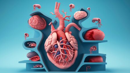 3D illustration of the human organ systems, Human internal organs. Anatomy. Nervous, circulatory, digestive, excretory, urinary,and bone systems. Medical education concept, Generative AI illustrationの素材