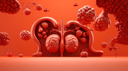 3D illustration of the human organ systems, Human internal organs. Anatomy. Nervous, circulatory, digestive, excretory, urinary,and bone systems. Medical education concept, Generative AI illustrationの素材
