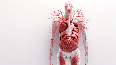 3D illustration of the human organ systems, Human internal organs. Anatomy. Nervous, circulatory, digestive, excretory, urinary,and bone systems. Medical education concept, Generative AI illustrationの素材