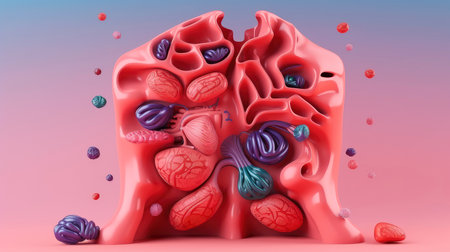 3D illustration of the human organ systems, Human internal organs. Anatomy. Nervous, circulatory, digestive, excretory, urinary,and bone systems. Medical education concept, Generative AI illustrationの素材