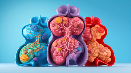 3D illustration of the human organ systems, Human internal organs. Anatomy. Nervous, circulatory, digestive, excretory, urinary,and bone systems. Medical education concept, Generative AI illustrationの素材