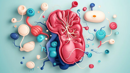 3D illustration of the human organ systems, Human internal organs. Anatomy. Nervous, circulatory, digestive, excretory, urinary,and bone systems. Medical education concept, Generative AI illustrationの素材