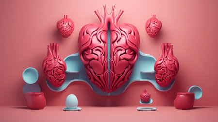 3D illustration of the human organ systems, Human internal organs. Anatomy. Nervous, circulatory, digestive, excretory, urinary,and bone systems. Medical education concept, Generative AI illustrationの素材