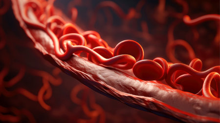 3D illustration mockup of the human organ systems, circulatory, digestive, red and white bloodcells wtih blurred backgroun. Medical education concept, Generative AI illustrationの素材