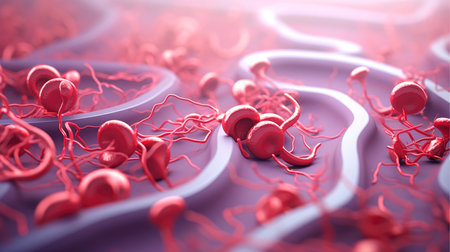 3D illustration mockup of the human organ systems, circulatory, digestive, red and white bloodcells wtih blurred backgroun. Medical education concept, Generative AI illustrationの素材