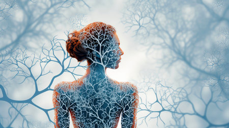 Illustration of thought energy . Head of person and neural network of brain with a problematic areas, Psychic waves concept, Generative AI illustrationの素材