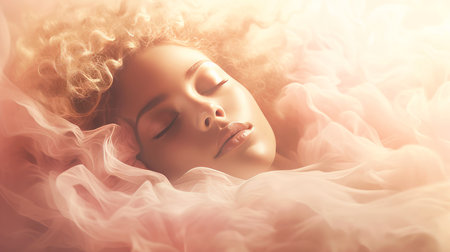 Illustration of woman sleeping and dreaming. Psychic girl considers mind and heart, spirituality, esotericism. Psychic waves concept, Generative AI illustrationの素材
