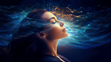 Illustration of woman sleeping and dreaming. Psychic girl considers mind and heart, spirituality, esotericism. Psychic waves concept, Generative AI illustrationの素材