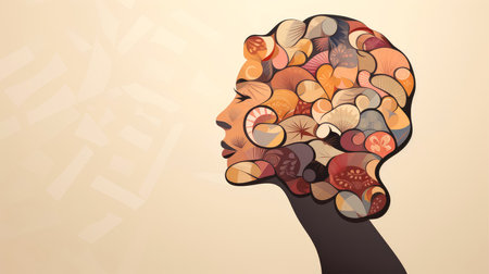 Illustration of abstract profile of a human head and consciousness with physical and chemical structures in the head, Person creative mind, Psychic waves concept, Generative AI illustrationの素材