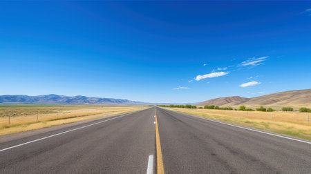 Illustration image of landscape with country road, empty asphalt road on blue cloudy sky background. Multicolor vibrant outdoors horizontal image, Generative AI illustrationの素材