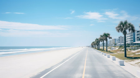 Illustration image of empty asphalt road beside the sea background, highway beside the sea, outdoors horizontal image, Generative AI illustrationの素材