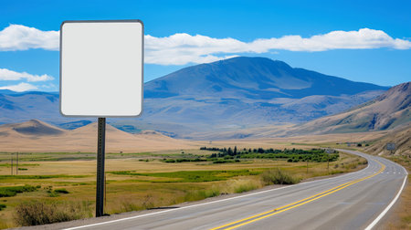 Illustration image of landscape with country road, empty asphalt road on blue cloudy sky background. Multicolor vibrant outdoors horizontal image, Generative AI illustrationの素材