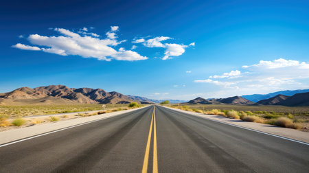 Illustration image of landscape with country road, empty asphalt road on blue cloudy sky background. Multicolor vibrant outdoors horizontal image, Generative AI illustrationの素材