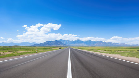 Illustration image of landscape with country road, empty asphalt road on blue cloudy sky background. Multicolor vibrant outdoors horizontal image, Generative AI illustrationの素材
