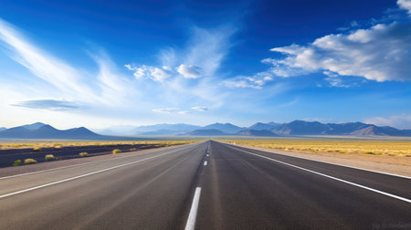 Illustration image of landscape with country road, empty asphalt road on blue cloudy sky background. Multicolor vibrant outdoors horizontal image, Generative AI illustrationの素材