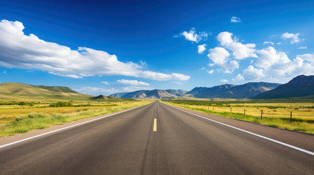 Illustration image of landscape with country road, empty asphalt road on blue cloudy sky background. Multicolor vibrant outdoors horizontal image, Generative AI illustrationの素材