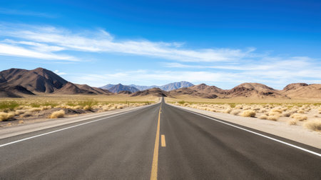 Illustration image of landscape with country road, empty asphalt road on blue cloudy sky background. Multicolor vibrant outdoors horizontal image, Generative AI illustrationの素材