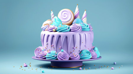 3d illustration of purple cute birthday cake, Sweet cake for a surprise birthday, for anniversary and celebration ,mother day, Valentine day, cake, cupcake, Generative AI illustrationの素材