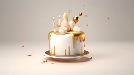 3d illustration of gold cute birthday cake, Sweet cake for a surprise birthday, for anniversary and celebration ,mother day, Valentine day, cake, cupcake, Generative AI illustrationの素材