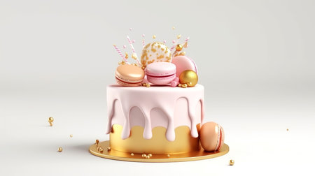 3d illustration of gold cute birthday cake, Sweet cake for a surprise birthday, for anniversary and celebration ,mother day, Valentine day, cake, cupcake, Generative AI illustrationの素材