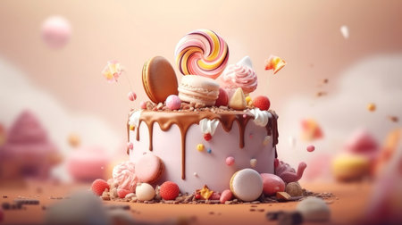 3d illustration of cute birthday cake, Sweet cake for a surprise birthday, for anniversary and celebration ,mother day, Valentine day, sweet food, cupcake, Generative AI illustrationの素材