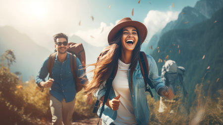 Group of happy friends and laughing, tourism, travel, people sharing good and positive mood, backpack camping hiking journey travel trek concept, with blurred background, Generative AI illustrationの素材