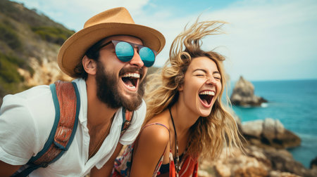 Group of happy friends and laughing, tourism, travel, people sharing good and positive mood, backpack camping hiking journey travel trek concept, with blurred background, Generative AI illustrationの素材