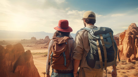 Group of happy friends explore nature outdoors, tourism, travel, backpack camping hiking journey travel trek concept, with blurred background, Generative AI illustrationの素材