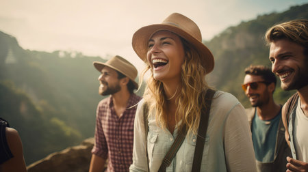 Group of happy friends and laughing, tourism, travel, people sharing good and positive mood, backpack camping hiking journey travel trek concept, with blurred background, Generative AI illustrationの素材