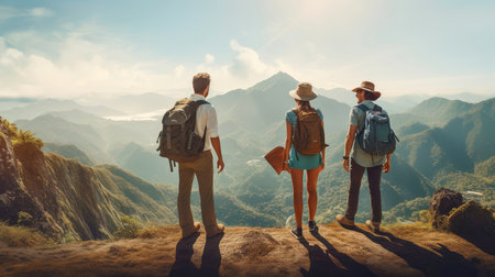 Group of happy friends explore nature outdoors, tourism, travel, backpack camping hiking journey travel trek concept, with blurred background, Generative AI illustrationの素材