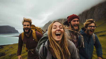 Group of happy friends and laughing, tourism, travel, people sharing good and positive mood, backpack camping hiking journey travel trek concept, with blurred background, Generative AI illustrationの素材